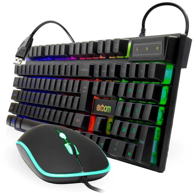 Kit Teclado e Mouse Gamer  Iluminado led Rgb Grande 2400 DPI e 3 Botões com Luz de Led colorida Led Chroma Rgb Iluminado Jogos Pc Usb