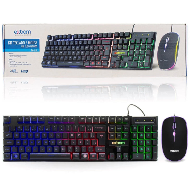 Kit Teclado e Mouse Gamer  Iluminado led Rgb Grande 2400 DPI e 3 Botões com Luz de Led colorida Led Chroma Rgb Iluminado Jogos Pc Usb